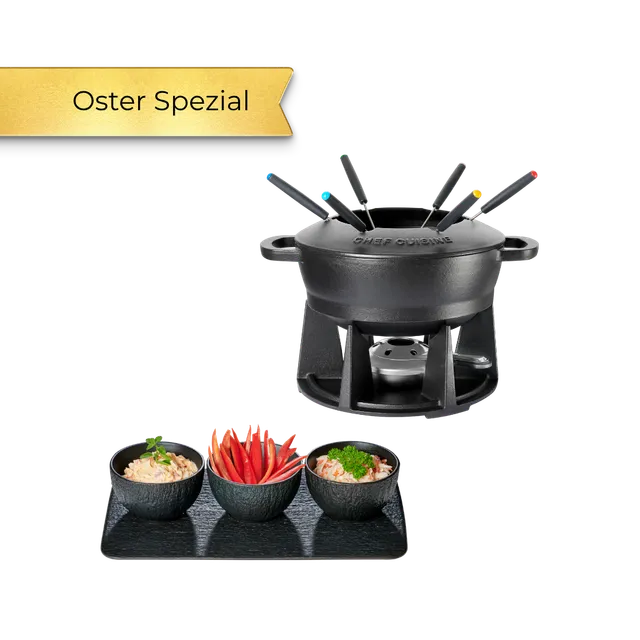 chef-cuisine-gusseisen-fondue-set-mit-dipschalen-porzellan image 1