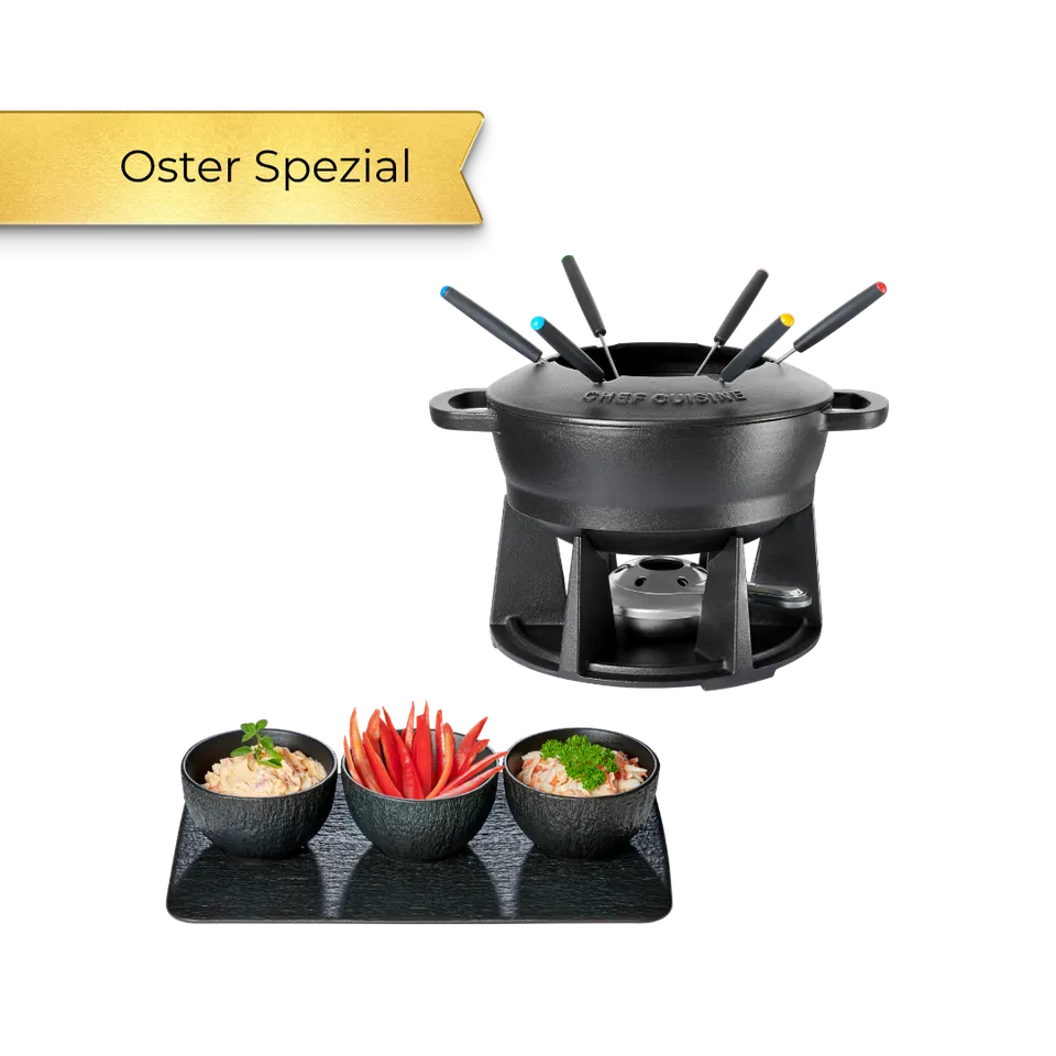 chef-cuisine-gusseisen-fondue-set-mit-dipschalen-porzellan image 1