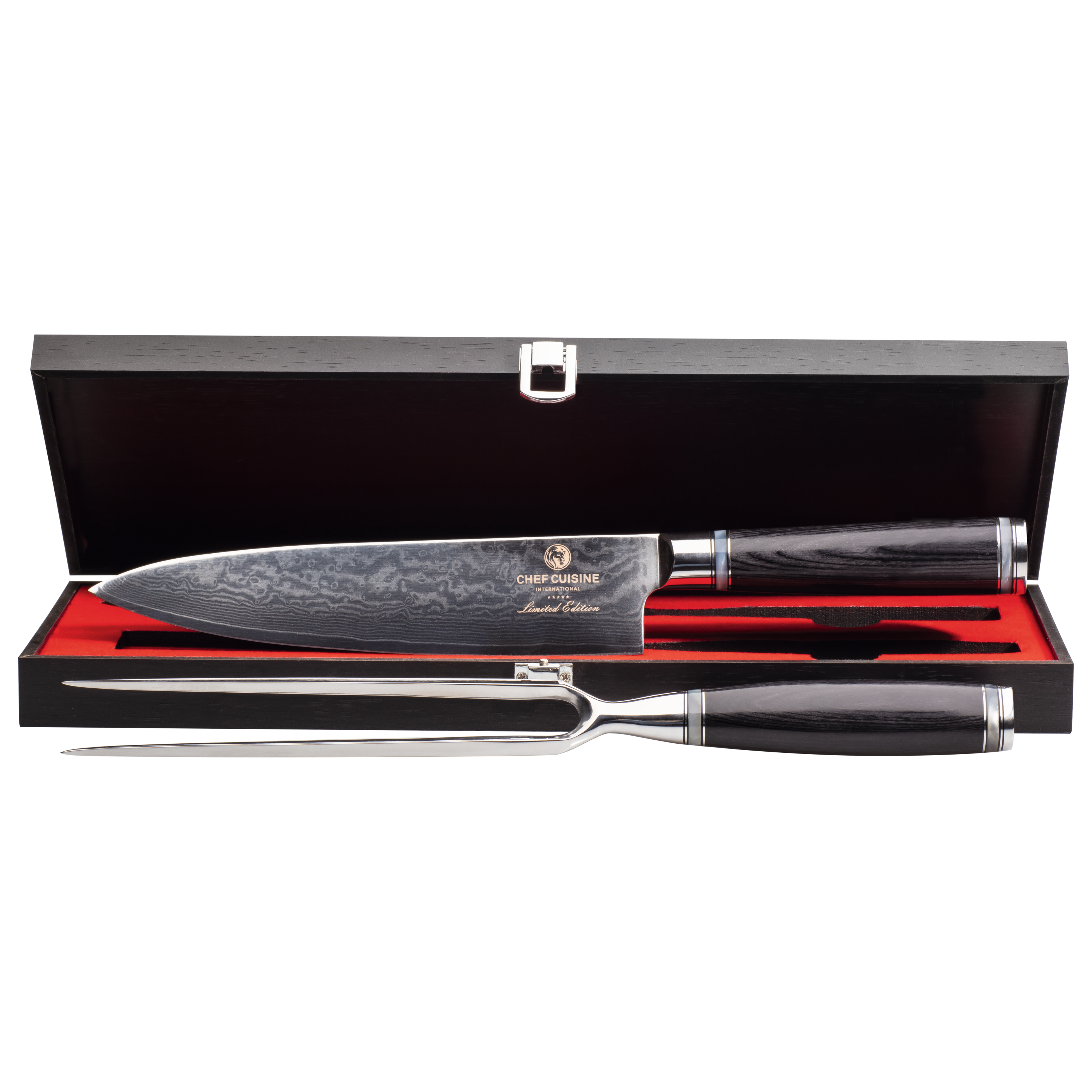 chef-cuisine-damast-tranchier-set-2-tlg-chefmesser-gabel-67-lagen image 1