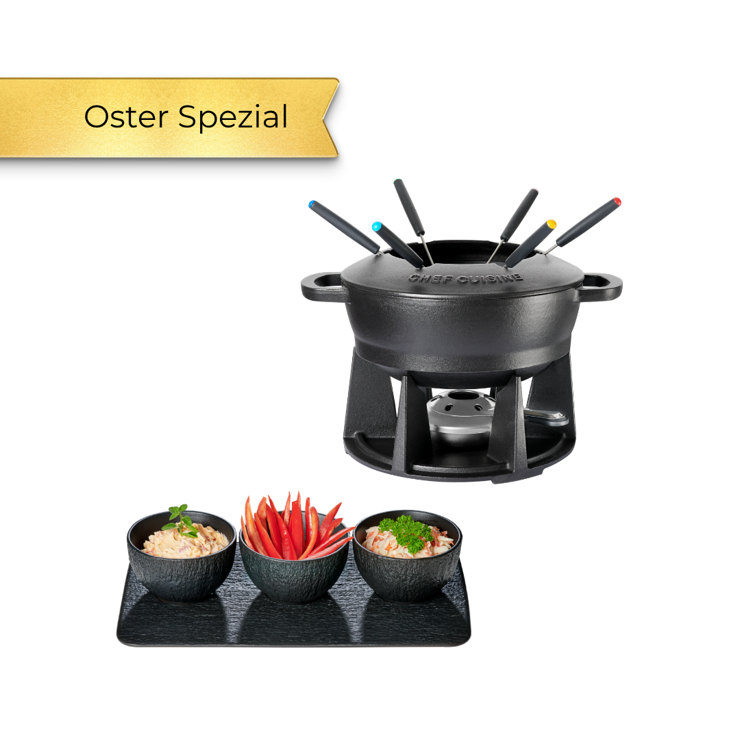 chef-cuisine-gusseisen-fondue-set-mit-dipschalen-porzellan image 1