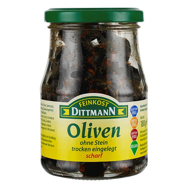 feinkost-dittmann-schwarze-oliven-ohne-stein-scharf-mit-chili image 1