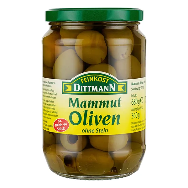 feinkost-dittmann-mammut-oliven-gr-n-ohne-stein-glas-griechisch image 1