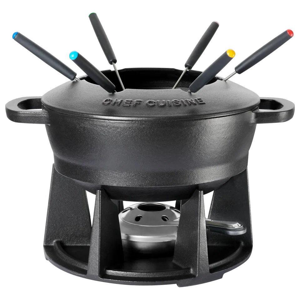 chef-cuisine-gusseisen-fondue-set-caquelon-mit-brenner-gabeln image 1