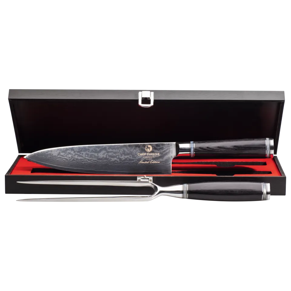 chef-cuisine-damast-tranchier-set-2-tlg-chefmesser-gabel-67-lagen image 1